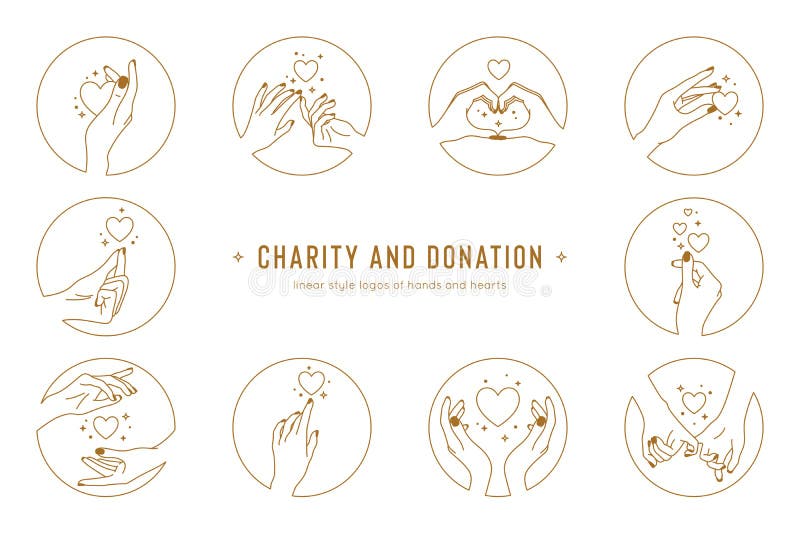 Vektorhandgester och handuppsättning med logotypmall. välgörenhets- och donationslogotyper i linjära stilevalentindagar vektor illustrationer