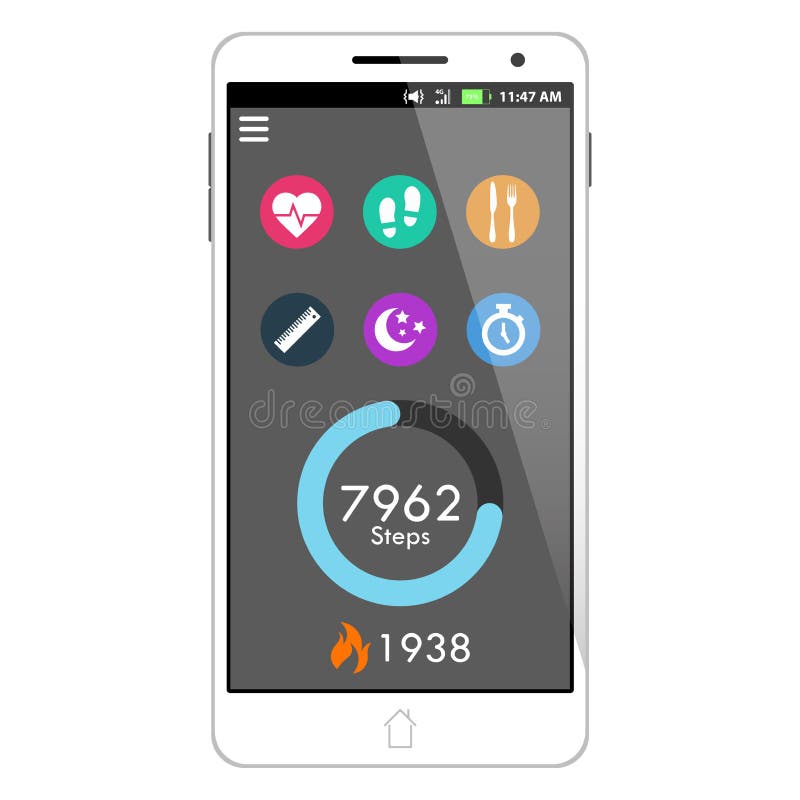 Vektorhälsa och applikation för konditionSmart telefon som presenterar Taskbar, momenträknaren, den brända kaloriräknaren och sex vektor illustrationer Vektorhälsa och applikation för konditionSmart telefon som presenterar Taskbar, momenträknaren, den brända kaloriräknaren och sex vektor illustrationer