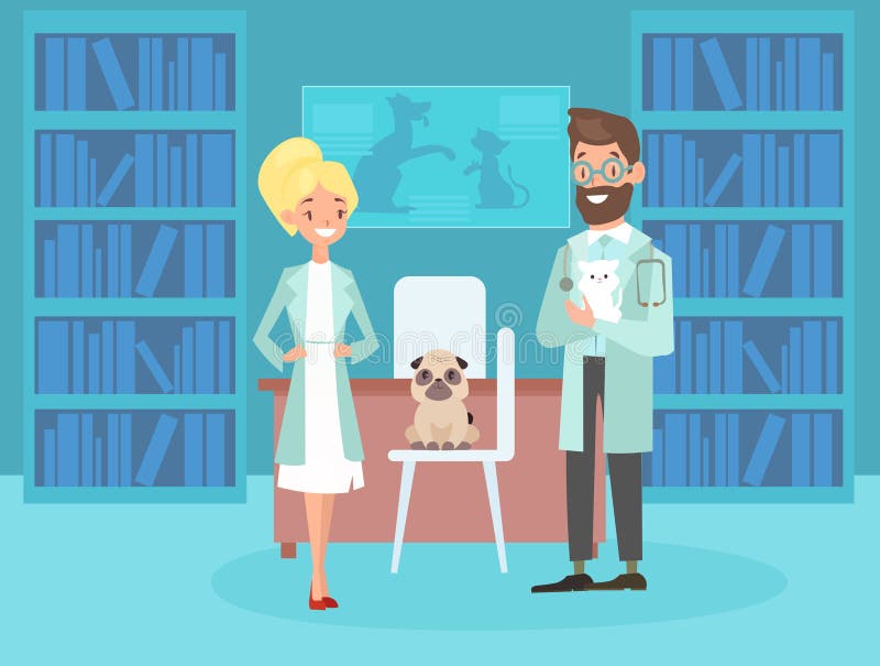 Vektorillustration av att le manliga kvinnliga veterinärer Veterinärhusdjurdoktorer, gullig valphund i plan tecknad filmstil vektor illustrationer Vektorillustration av att le manliga kvinnliga veterinärer Veterinärhusdjurdoktorer, gullig valphund i plan tecknad filmstil vektor illustrationer