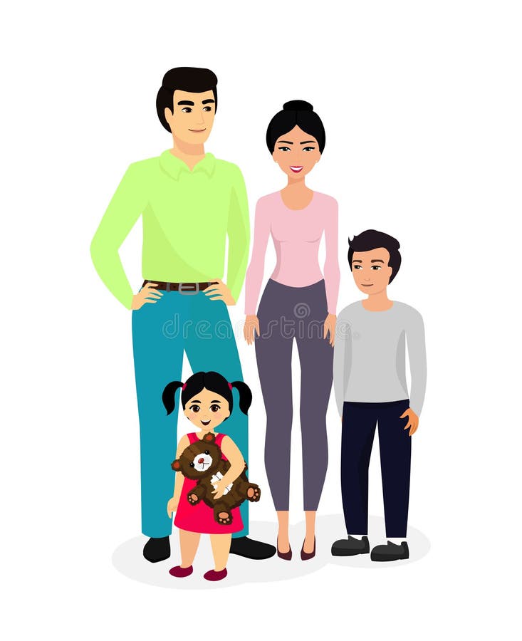Vektorillustration av den lycklig och för smiley asiatiska familjen med barn och föräldrar Plan tecknad filmstilmoder, fader vektor illustrationer Vektorillustration av den lycklig och för smiley asiatiska familjen med barn och föräldrar Plan tecknad filmstilmoder, fader vektor illustrationer