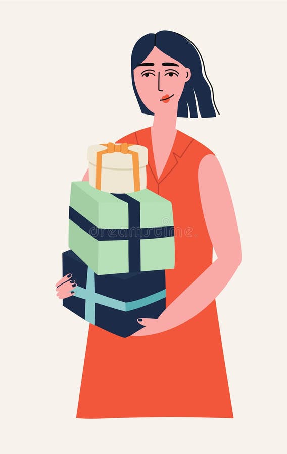 Vektorillustration av en flicka som har tre gåvor stock illustrationer