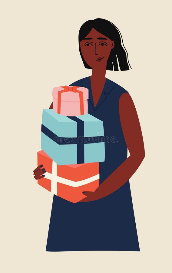 Vektorillustration av en flicka som har tre presenter. stock illustrationer