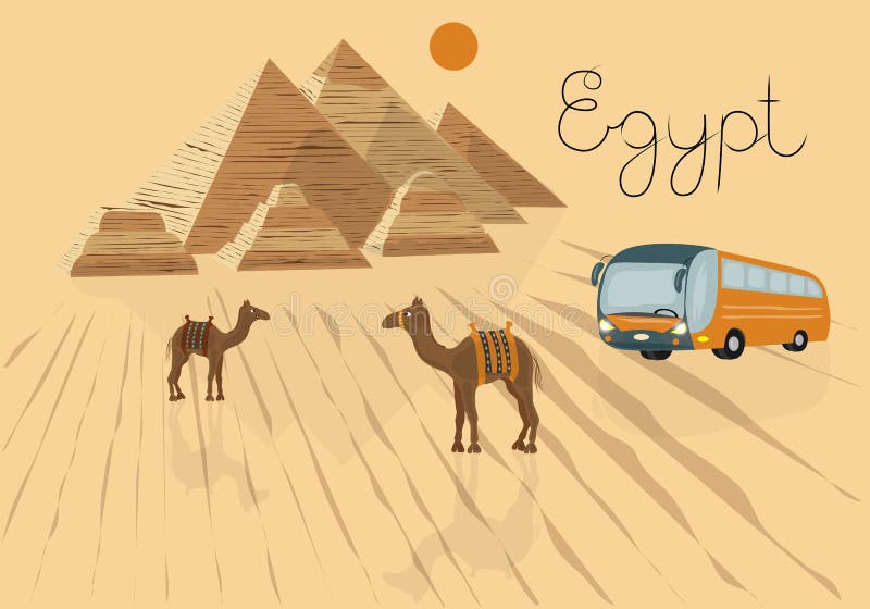 Vektorillustration av en tur till Egypten Att att annonsera för att turnera i en loppbyrå Kairo pyramider, kamel i öknen vektor illustrationer Vektorillustration av en tur till Egypten Att att annonsera för att turnera i en loppbyrå Kairo pyramider, kamel i öknen vektor illustrationer