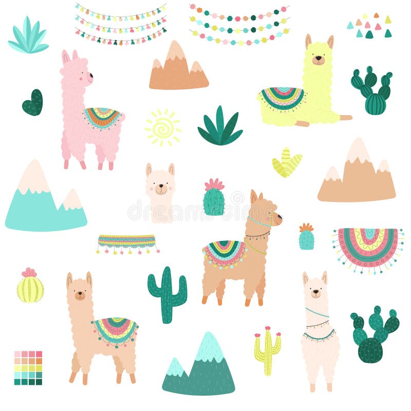 Vektorillustration av endragen samling av lamor eller alpacas, kakturs, berg, kläder, prydnader Bild på söder - amerikan vektor illustrationer Vektorillustration av endragen samling av lamor eller alpacas, kakturs, berg, kläder, prydnader Bild på söder - amerikan vektor illustrationer