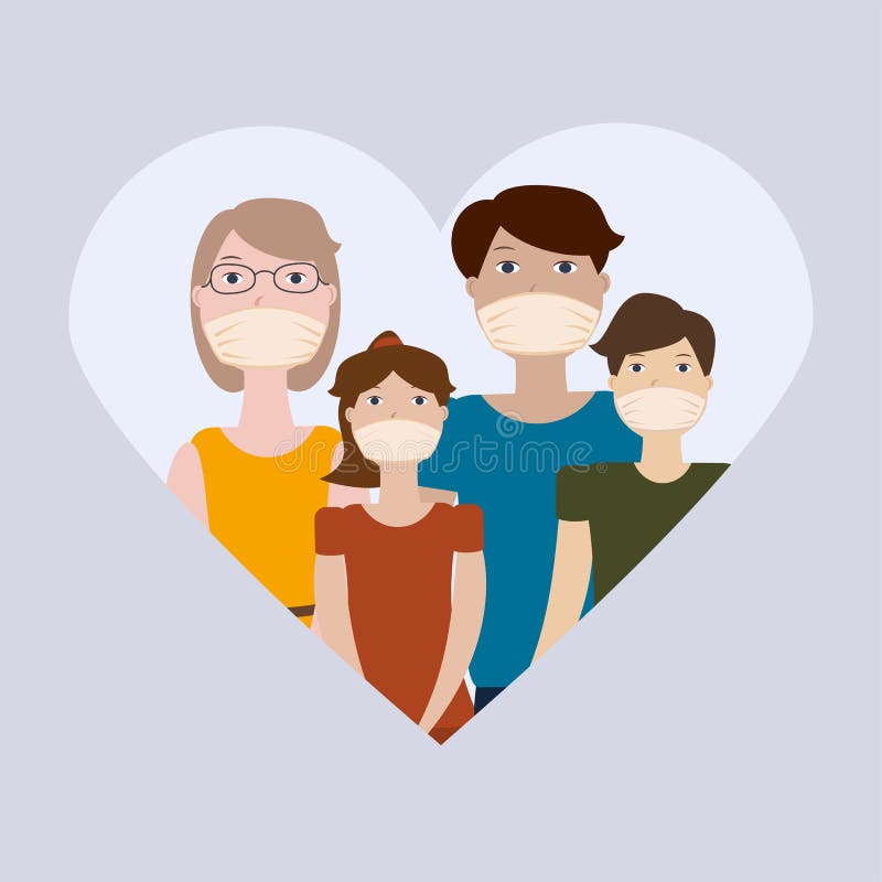 Vector illustration of a family with a mother, father and two children who wear masks because they are sick or protect themselves from pollution, bacteria or viruses in the air and the environment. Vector illustration of a family with a mother, father and two children who wear masks because they are sick or protect themselves from pollution, bacteria or viruses in the air and the environment