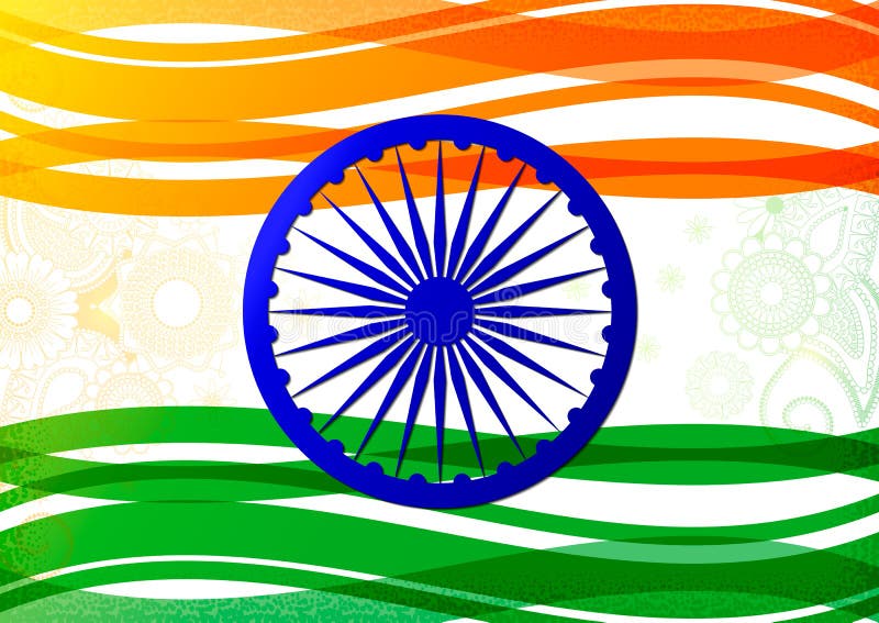 Vektorillustration av indisk flaggatemabakgrund för den Indien republiken och självständighetsdagen med det ljusa hjulet, band royaltyfri illustrationer Vektorillustration av indisk flaggatemabakgrund för den Indien republiken och självständighetsdagen med det ljusa hjulet, band royaltyfri illustrationer
