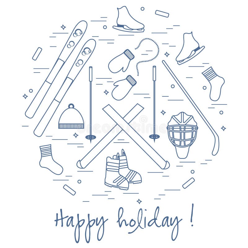 Vector illustration of different elements of sports equipment and clothing for winter sports arranged in a circl. For postcard, invitation, banner, flyer or other polygraphy and design. Vector illustration of different elements of sports equipment and clothing for winter sports arranged in a circl. For postcard, invitation, banner, flyer or other polygraphy and design.