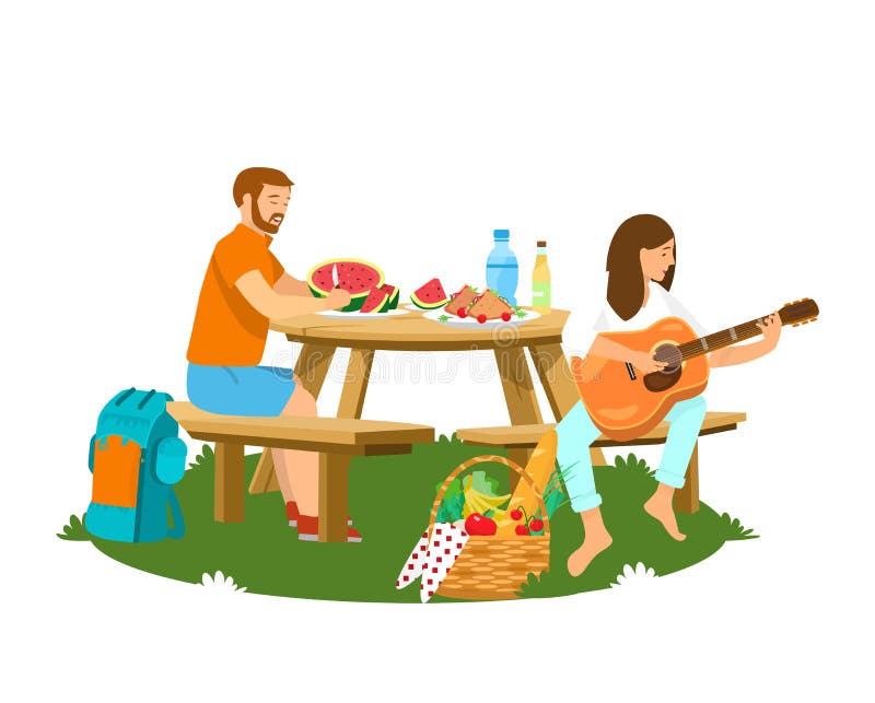 Vektorillustration av par som har picknicken att isoleras royaltyfri illustrationer Vektorillustration av par som har picknicken att isoleras royaltyfri illustrationer