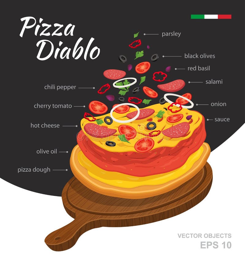Vektorillustration av smaklig varm pizza Diablo på träbräde Fallande ingredienser Traditionellt italienskt recept Infographic royaltyfri illustrationer