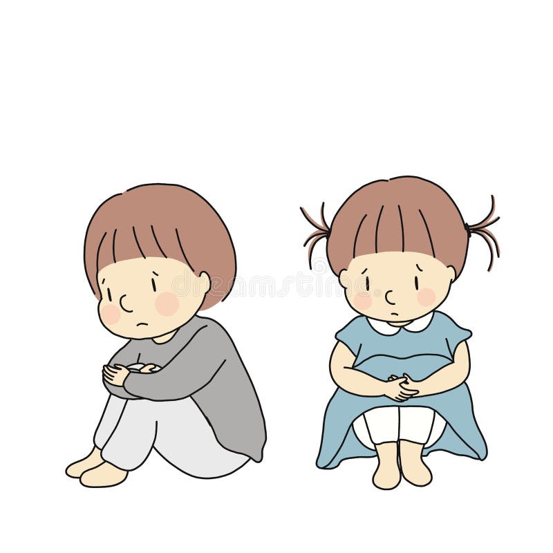 Vektorillustration av små ungar som kramar knä och att känna sig ledset och angeläget Teckning för tecken för tecknad film för be