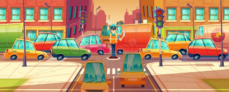 Vektorillustration av stadstvärgator, rusningstid, trafikstockning, transportflyttning, medel Maskiner bilar vektor illustrationer Vektorillustration av stadstvärgator, rusningstid, trafikstockning, transportflyttning, medel Maskiner bilar vektor illustrationer