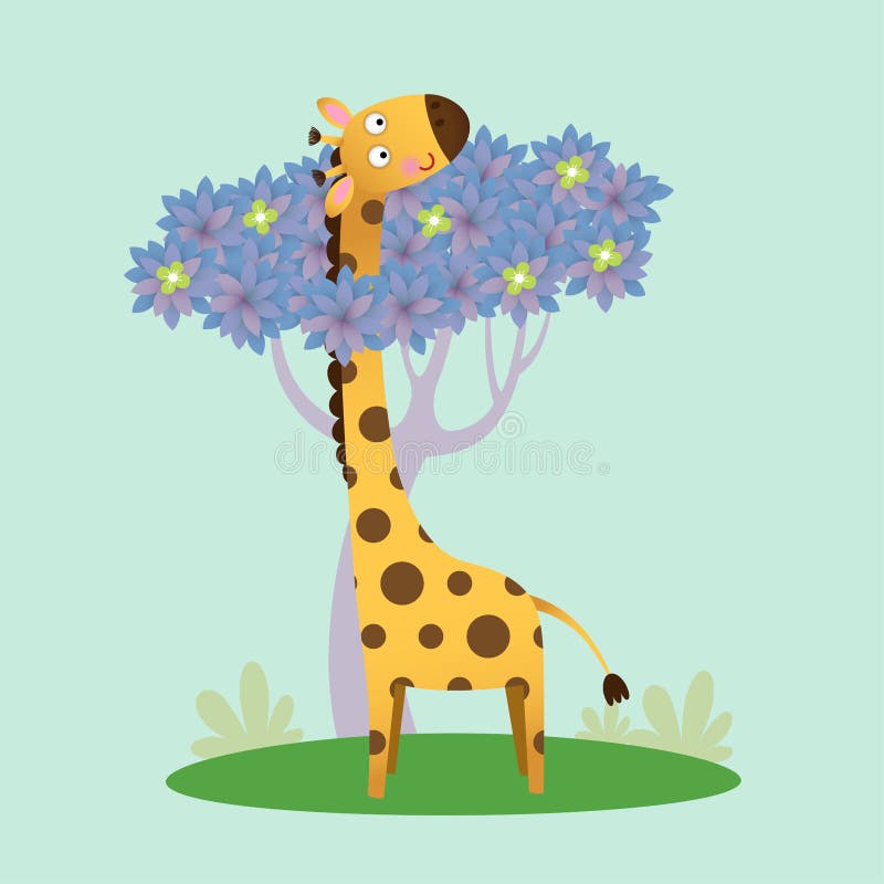 Vektorillustration av söt giraffe som står med trädet royaltyfri illustrationer