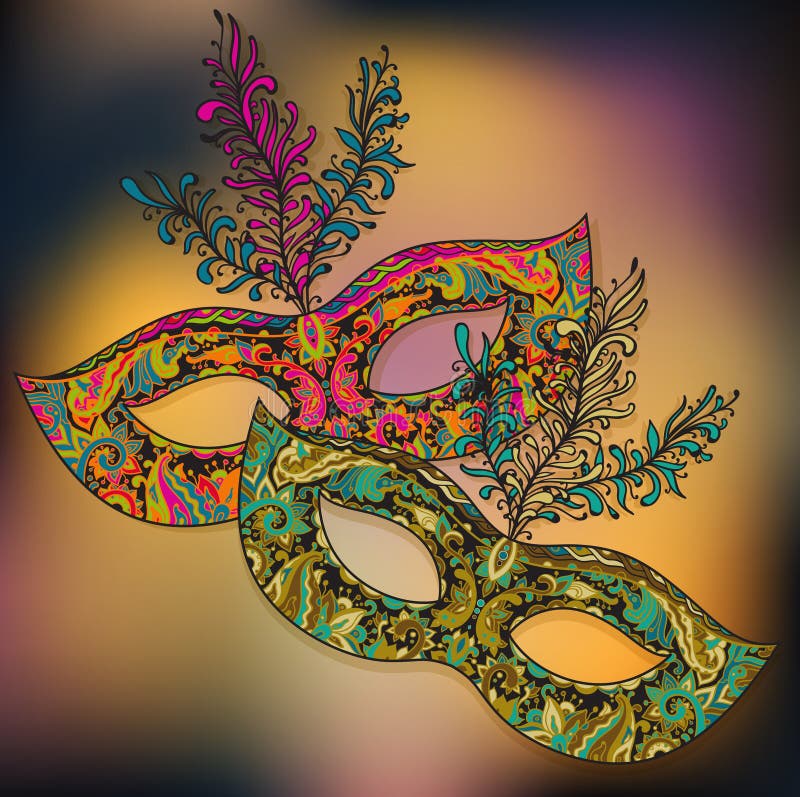 Vektorillustration av två blom- Venetian karnevalmaskeringar med f royaltyfri illustrationer Vektorillustration av två blom- Venetian karnevalmaskeringar med f royaltyfri illustrationer