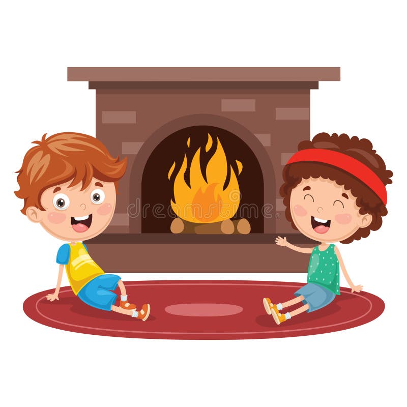 Vektorillustration av ungar som sitter i Front Of Fireplace stock illustrationer Vektorillustration av ungar som sitter i Front Of Fireplace stock illustrationer