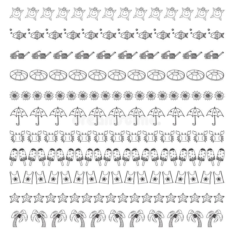 Vektorillustration av uppsättningen för samling för klottersommargräns på vit bakgrund vektor illustrationer Vektorillustration av uppsättningen för samling för klottersommargräns på vit bakgrund vektor illustrationer