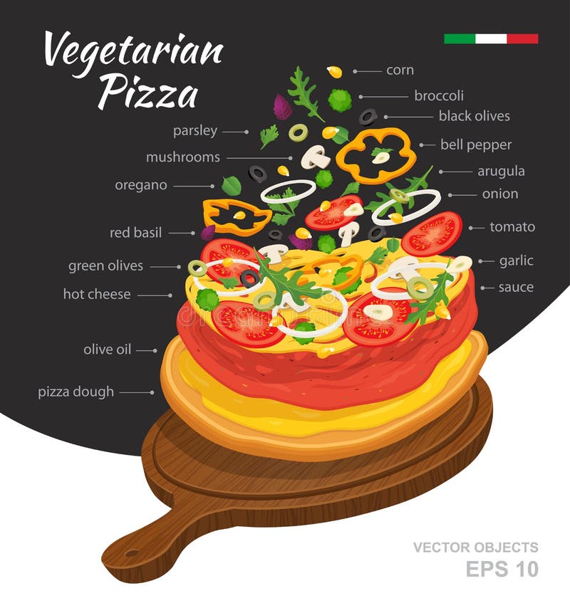 Vektorillustration av varm vegetarisk pizza på träbräde Fallande ingredienser Traditionellt italienskt recept Infographic royaltyfri illustrationer