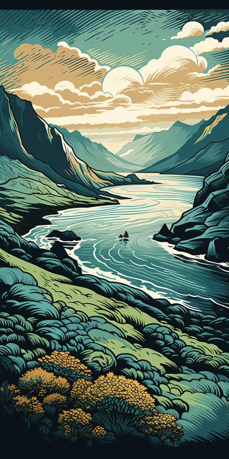 Vektorillustration för fjord vintage linocut-format med detaljer stock illustrationer