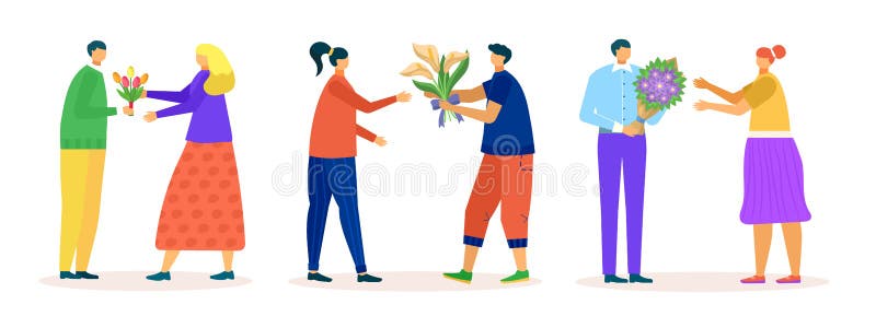 Vektorillustration för presentpresentationsvektor. manlig personlighet ger bukett till kvinnlig romantisk hälsning med blomma vektor illustrationer