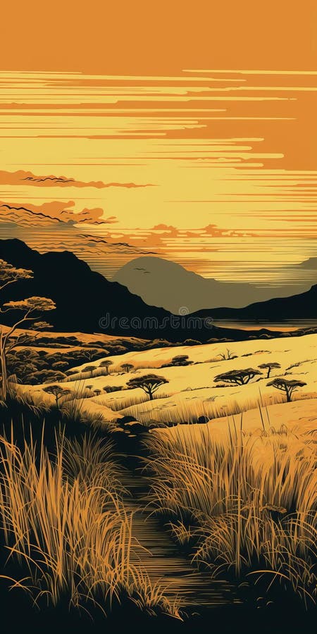 Vektorillustration för savanna vintage linocut-format med detaljer royaltyfri illustrationer