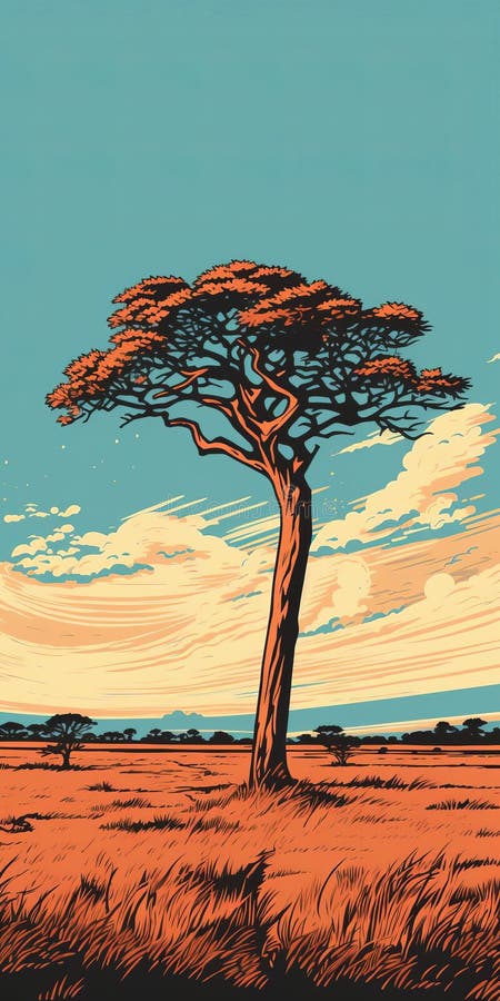 Vektorillustration för savanna vintage linocut-format med detaljer royaltyfri illustrationer