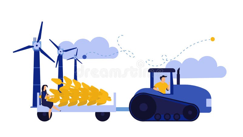 Vektorillustration för skörd av vetearon Jordbrukare Människa med traktor- och vindkraftsbakgrund Livsmedelsverk stock illustrationer Vektorillustration för skörd av vetearon Jordbrukare Människa med traktor- och vindkraftsbakgrund Livsmedelsverk stock illustrationer