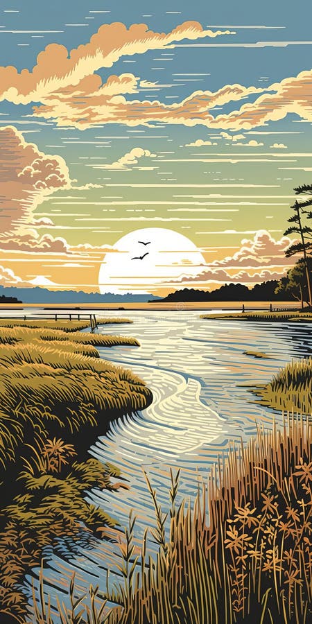 Vektorillustration för vintage linocut-stilen för flodmynning med detaljerade element vektor illustrationer