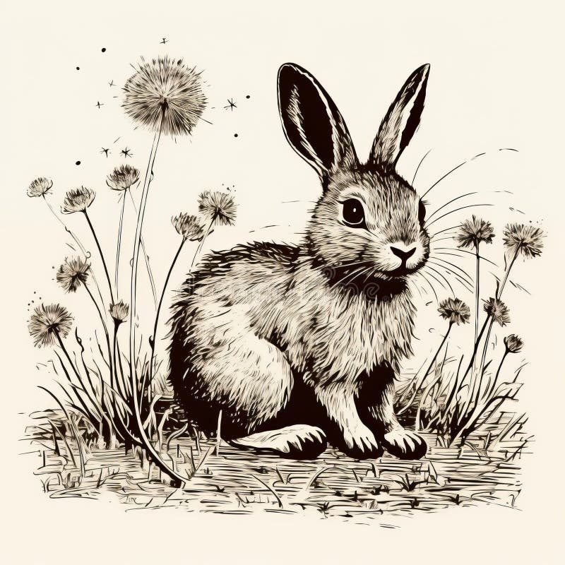 Vektorillustration för vintagengrering av en kanin i ett fält av dandelioner stock illustrationer
