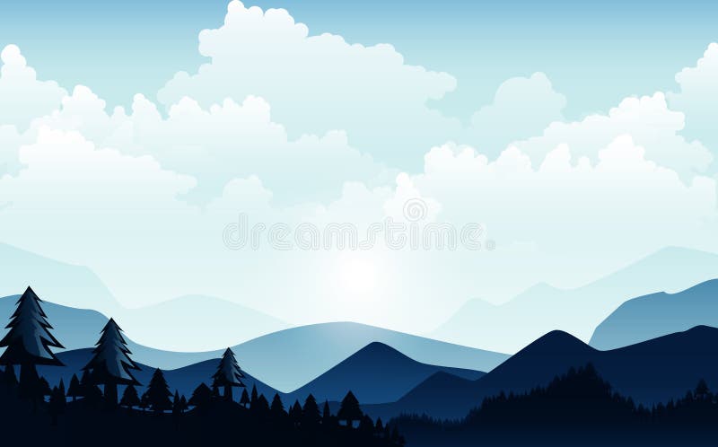 Vektorillustration, landskapsikt med himlen, moln, bergmaxima och skog för websitebakgrunden stock illustrationer