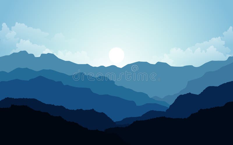 Vektorillustration, landskapsikt med solnedgång, soluppgång, himlen, moln, bergmaxima och skog för websitebakgrunden royaltyfri illustrationer