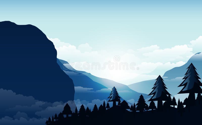 Vektorillustration, landskapsikt med solnedgång, soluppgång, himlen, moln, bergmaxima och skog för websitebakgrunden vektor illustrationer