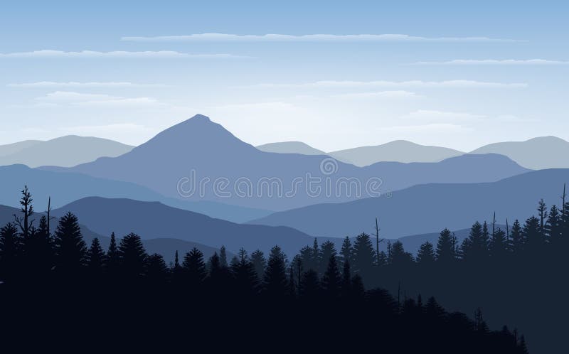 Vektorillustration, landskapsikt med solnedgång, soluppgång, himlen, moln, bergmaxima och skog för websitebakgrunden royaltyfri illustrationer