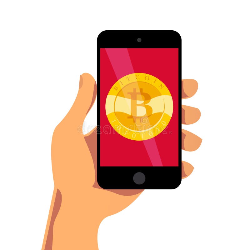 Vektorillustration med den hållande smartphonen för mänsklig hand som har det guld- myntet med bitcoinemblemet på dess skärm på v royaltyfri illustrationer Vektorillustration med den hållande smartphonen för mänsklig hand som har det guld- myntet med bitcoinemblemet på dess skärm på v royaltyfri illustrationer
