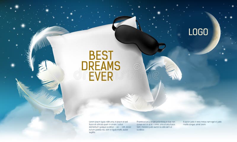 Vector illustration with realistic 3d square pillow with blindfold on it for the best dreams ever, comfortable sleep. Soft cushion. Relaxation, sleeping concept. Night, clouds, stars background. Vector illustration with realistic 3d square pillow with blindfold on it for the best dreams ever, comfortable sleep. Soft cushion. Relaxation, sleeping concept. Night, clouds, stars background.