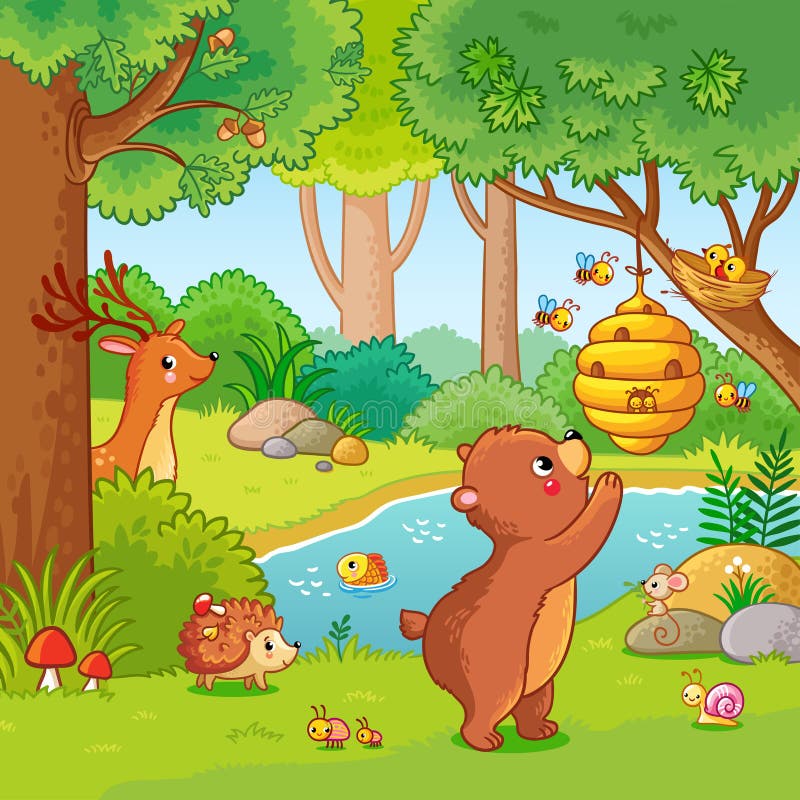 Vektorillustration med en björn som önskar honung stock illustrationer Vektorillustration med en björn som önskar honung stock illustrationer
