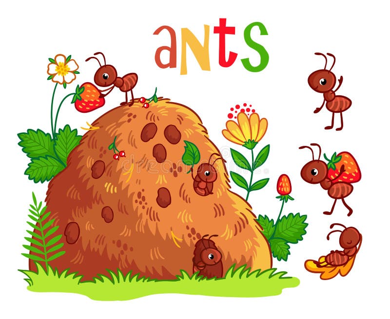 Vektorillustration med en myrstack och myror