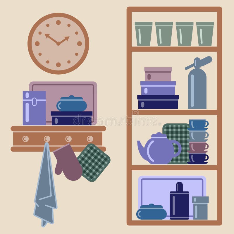Vektorillustration mit Küchenregalen und -Kochgeräten lizenzfreie abbildung Vektorillustration mit Küchenregalen und -Kochgeräten lizenzfreie abbildung