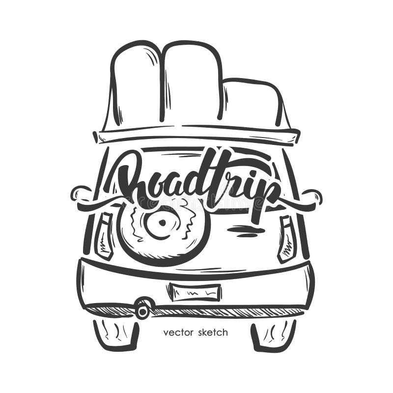 Vektorillustration: Räcka det utdragna emblemet med loppbilen och handskriven bokstäver av vägturen Skissa linjen design stock illustrationer Vektorillustration: Räcka det utdragna emblemet med loppbilen och handskriven bokstäver av vägturen Skissa linjen design stock illustrationer