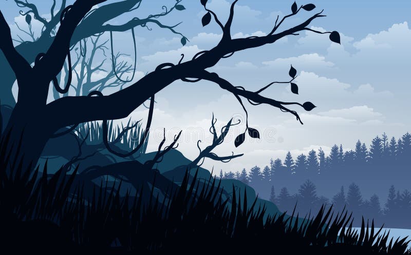 Vektorillustration, tropisk skog för landskapsikt himlen, moln, bergmaxima och djup djungel för websitebakgrunden vektor illustrationer