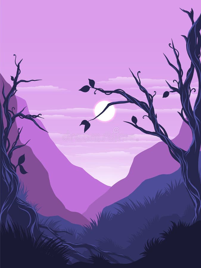 Vektorillustration, tropisk skog för landskapsikt med fullmånen, moln, bergmaxima och djup djungel för websiten tillbaka vektor illustrationer