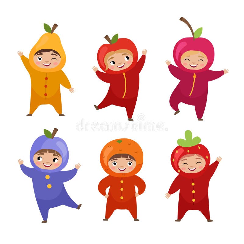 Vector illustration of cute kids in fruit costumes. Character template for packaging. Vector illustration of cute kids in fruit costumes. Character template for packaging