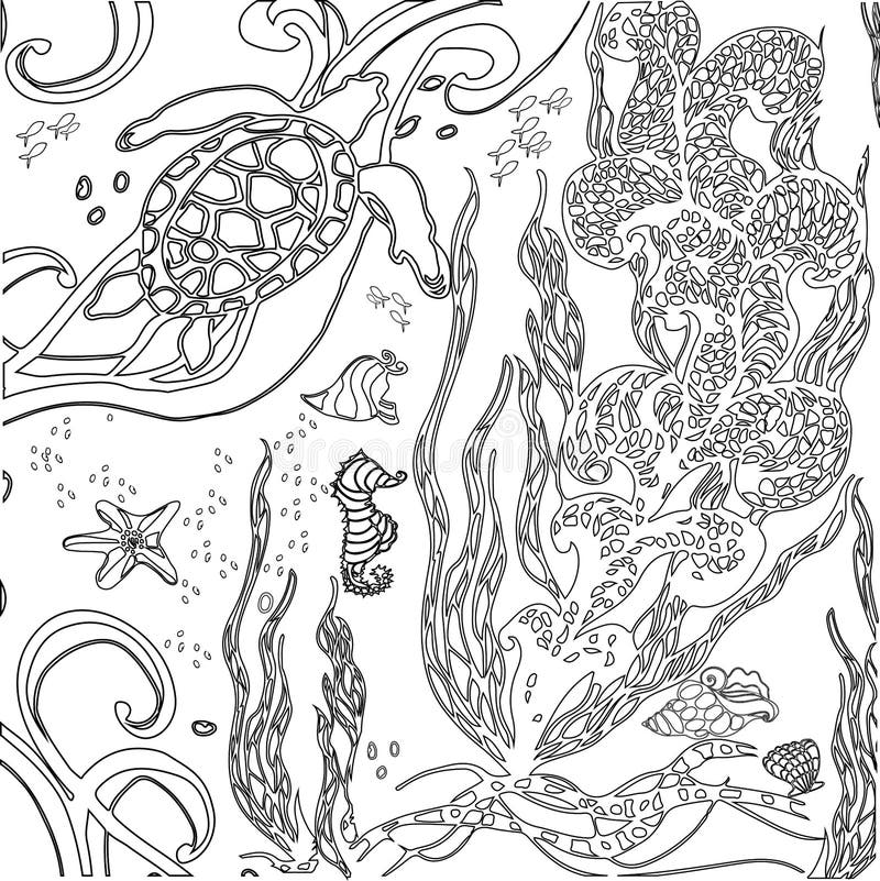 Vektorillustration zentangle Unterwasserwelt Gekritzelmeer, ocea lizenzfreie abbildung Vektorillustration zentangle Unterwasserwelt Gekritzelmeer, ocea lizenzfreie abbildung