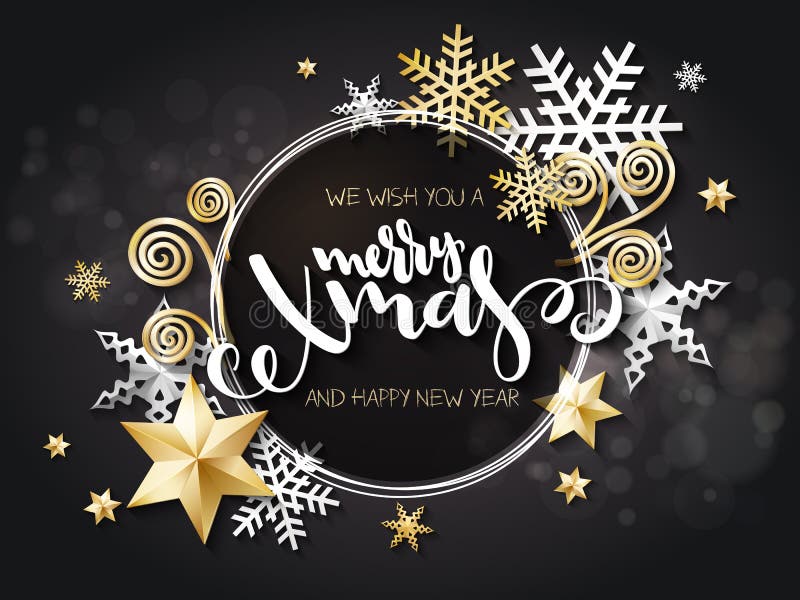 Vektorillustrationen av julhälsningkortet med handbokstäveretiketten - glad xmas - med stjärnor, mousserar, snöflingor vektor illustrationer