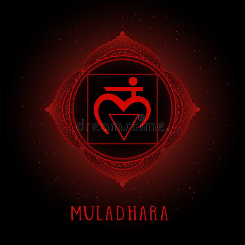 Vektorillustrationen med symbolet Muladhara - rota chakraen på svart bakgrund royaltyfri illustrationer Vektorillustrationen med symbolet Muladhara - rota chakraen på svart bakgrund royaltyfri illustrationer