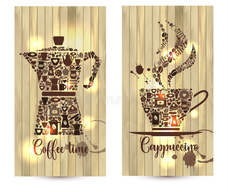 Vektorillustrationen på wood bakgrund av kaffe gällde former med kaffesymboler royaltyfri illustrationer Vektorillustrationen på wood bakgrund av kaffe gällde former med kaffesymboler royaltyfri illustrationer