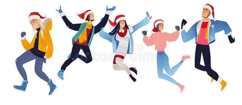 Vektorillustrationen ställde in av lyckliga ungdomari Santa Claus hattar som hoppar och har gyckel stock illustrationer Vektorillustrationen ställde in av lyckliga ungdomari Santa Claus hattar som hoppar och har gyckel stock illustrationer