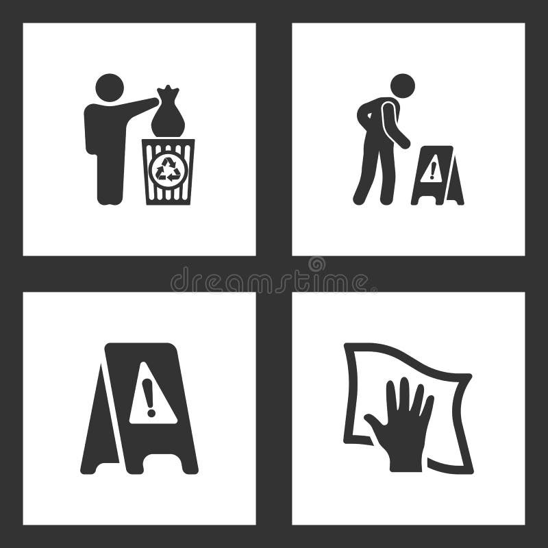 Vektorillustrationen ställde in rengörande symboler Beståndsdelar av mannen som kastar avskräde i facket, vått golv och gör ren m vektor illustrationer Vektorillustrationen ställde in rengörande symboler Beståndsdelar av mannen som kastar avskräde i facket, vått golv och gör ren m vektor illustrationer