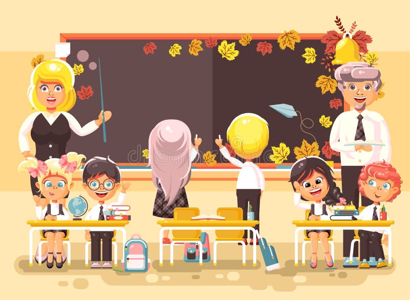 Vektorillustrationen tillbaka till lärare för lärlingen för elever för skolflickan för skolpojken för skolatecknad filmtecken stu vektor illustrationer