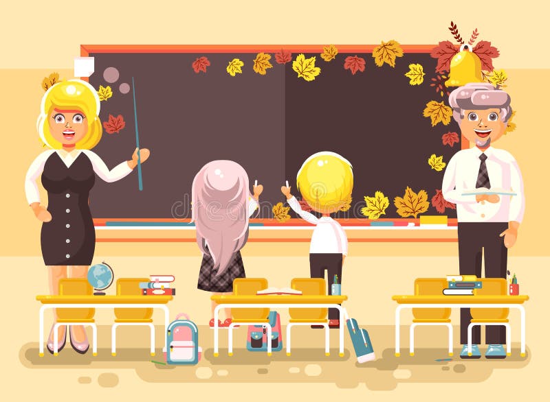Vektorillustrationen tillbaka till skolatecknad filmtecken skolpojkeskolflicka somelever gå i lära lärare, studerar i tomt vektor illustrationer