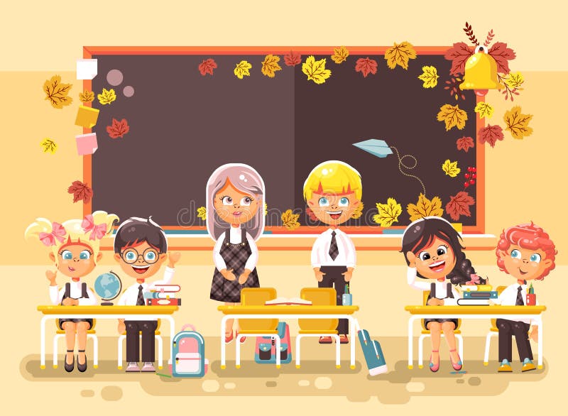 Vektorillustrationen tillbaka till skolflickan för skolpojken för skolatecknad filmtecken gå i lära att studera i klassrumanseend stock illustrationer