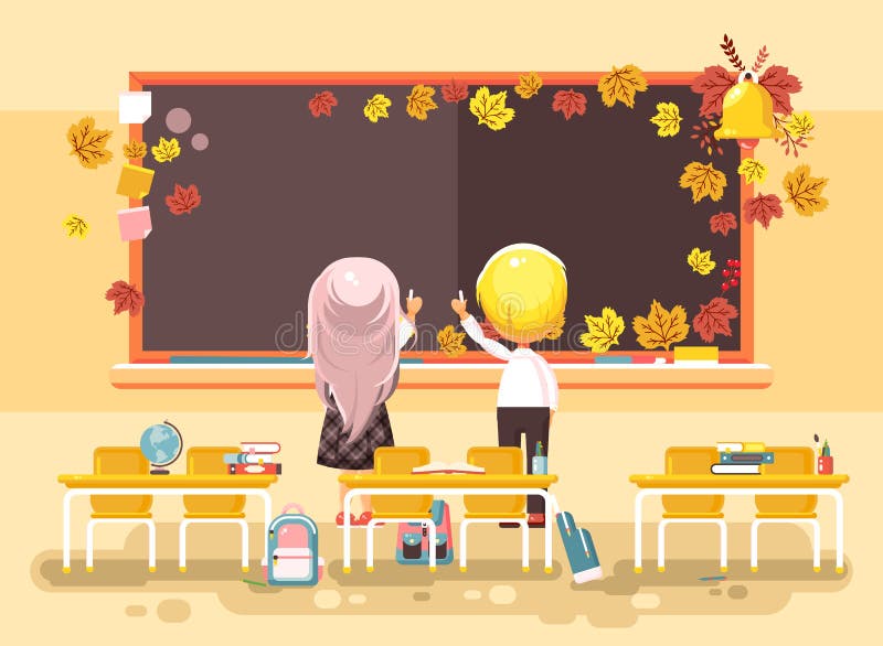 Vektorillustrationen tillbaka till skolflickan för skolpojken för skolatecknad filmtecken gå i lära att studera i tomt klassrum royaltyfri illustrationer